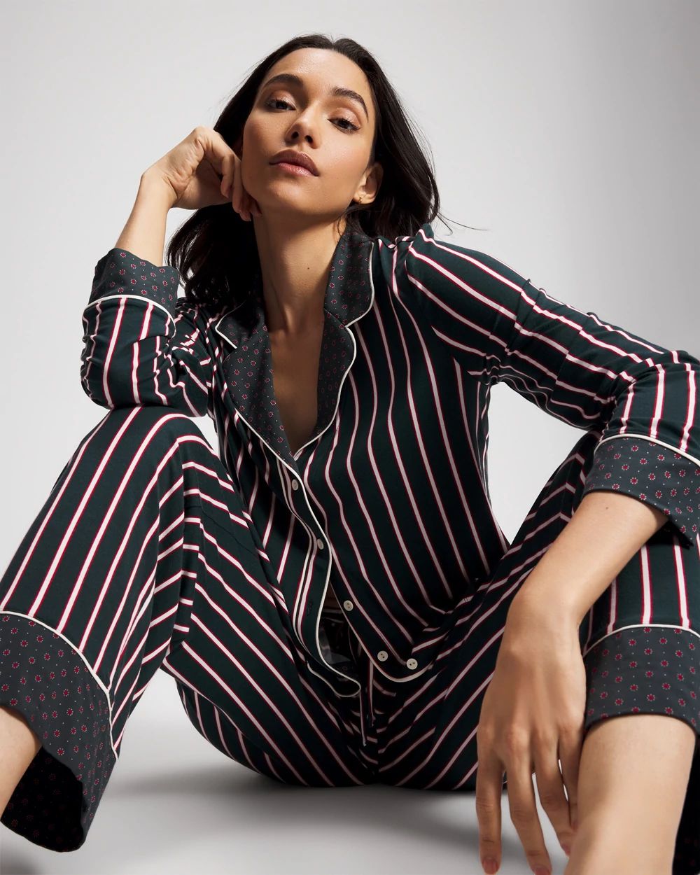 Cool Nights Long Sleeve Notch Collar with Piped Placket Pajama Top