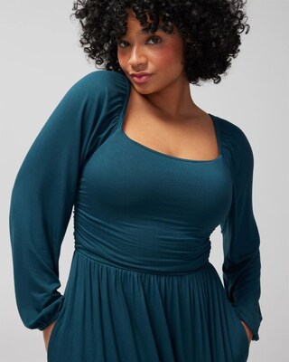 Ruched Long-Sleeve Midi Dress