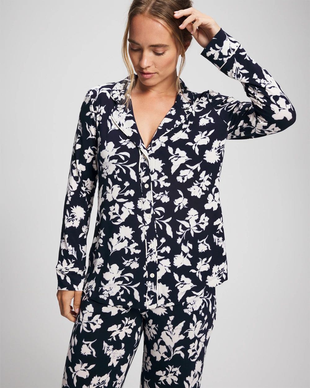 Long-Sleeve Printed Notch Collar Pajama Top