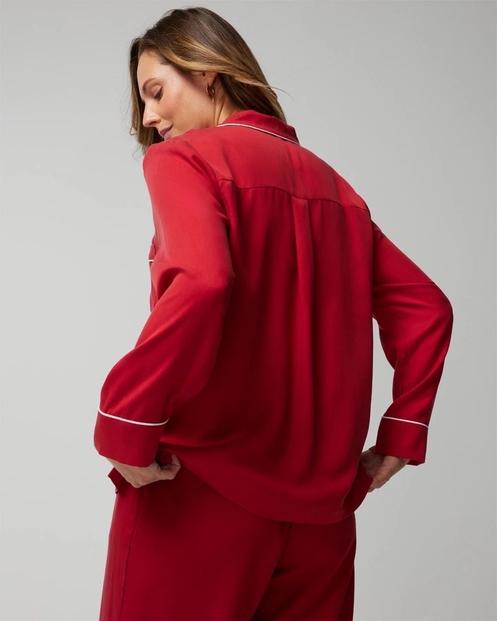 Woven Long-Sleeve Notch Collar Pajama Top