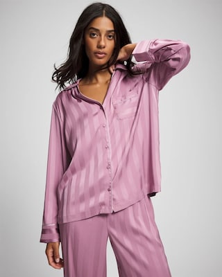Shadow Stripe Long Sleeve Pajama Notch Collar Top
