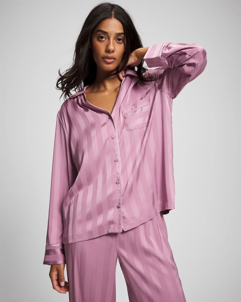 Satin Shadow Stripe Long Sleeve Pajama Notch Collar Top