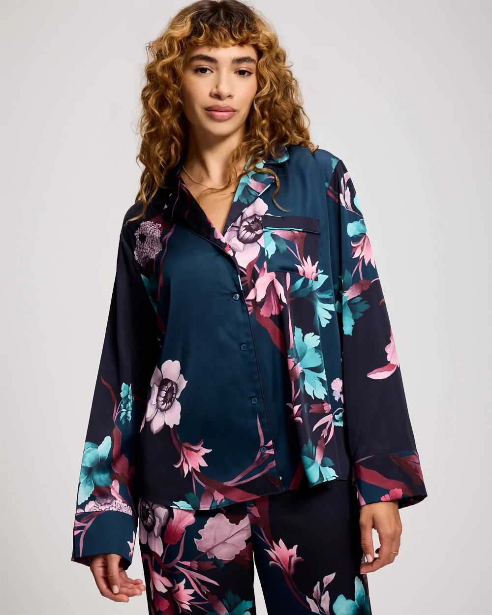 Satin Long Sleeve Notch Collar Pajama Top