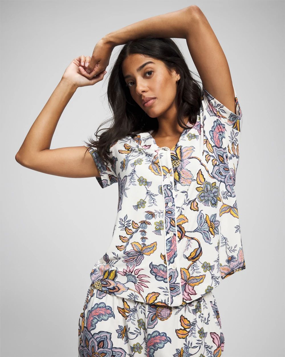 Cool Nights Piped Short Sleeve Notch Collar Pajama Top