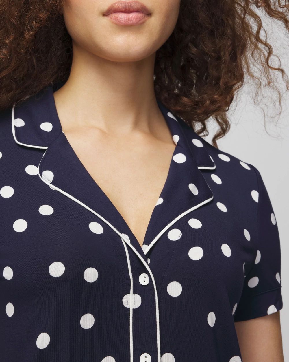 Cool Nights Piped Short Sleeve Notch Collar Pajama Top