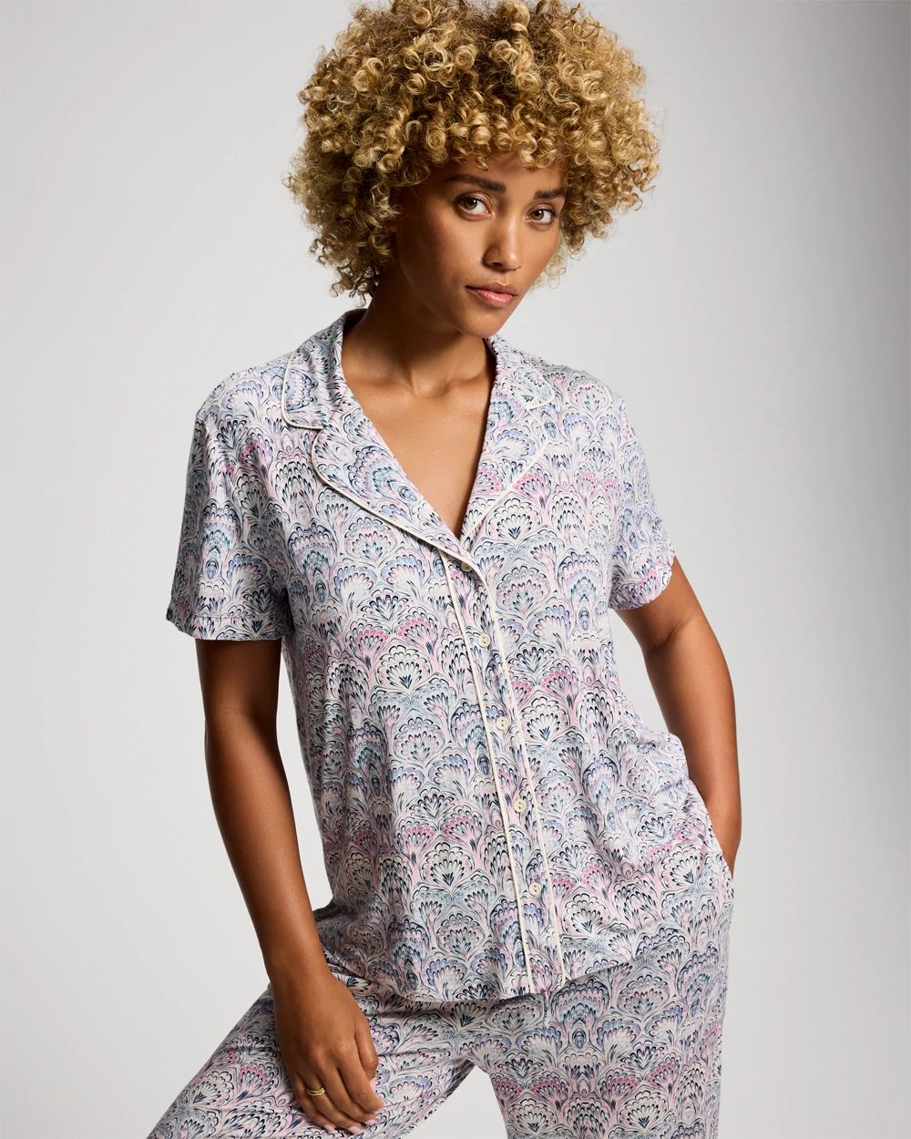 Short Sleeve Notch Collar Pajama Top