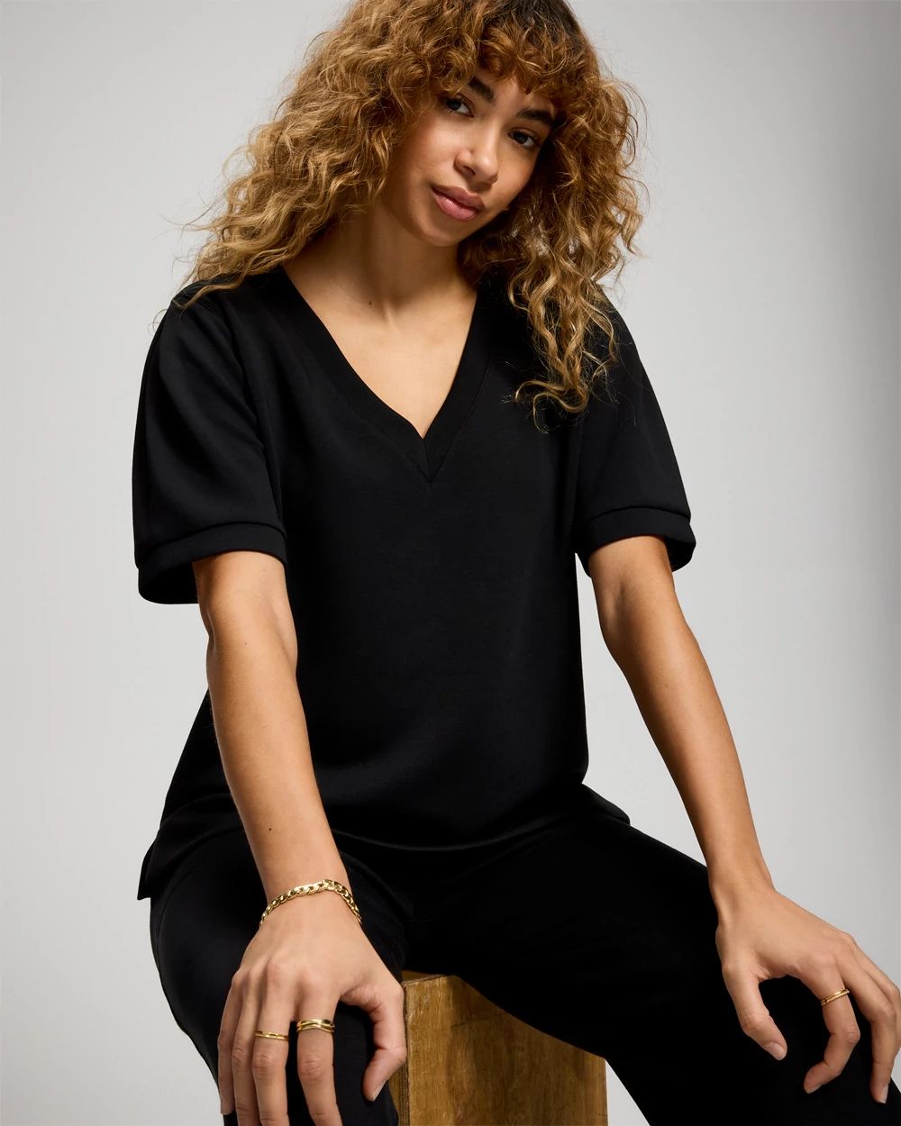 Modern Modal Puff Sleeve V-Neck Sweatshirt click to view larger image.