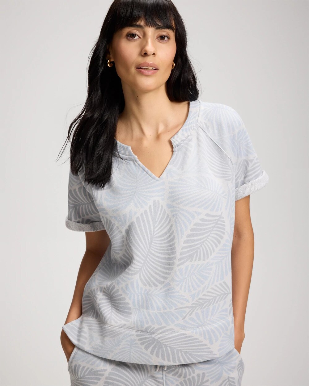 Soma Women's Cotton Terry Relaxed Short Sleeve Sweatshirt In Blue Size Xs |  In Artisan Palms Blue Mist