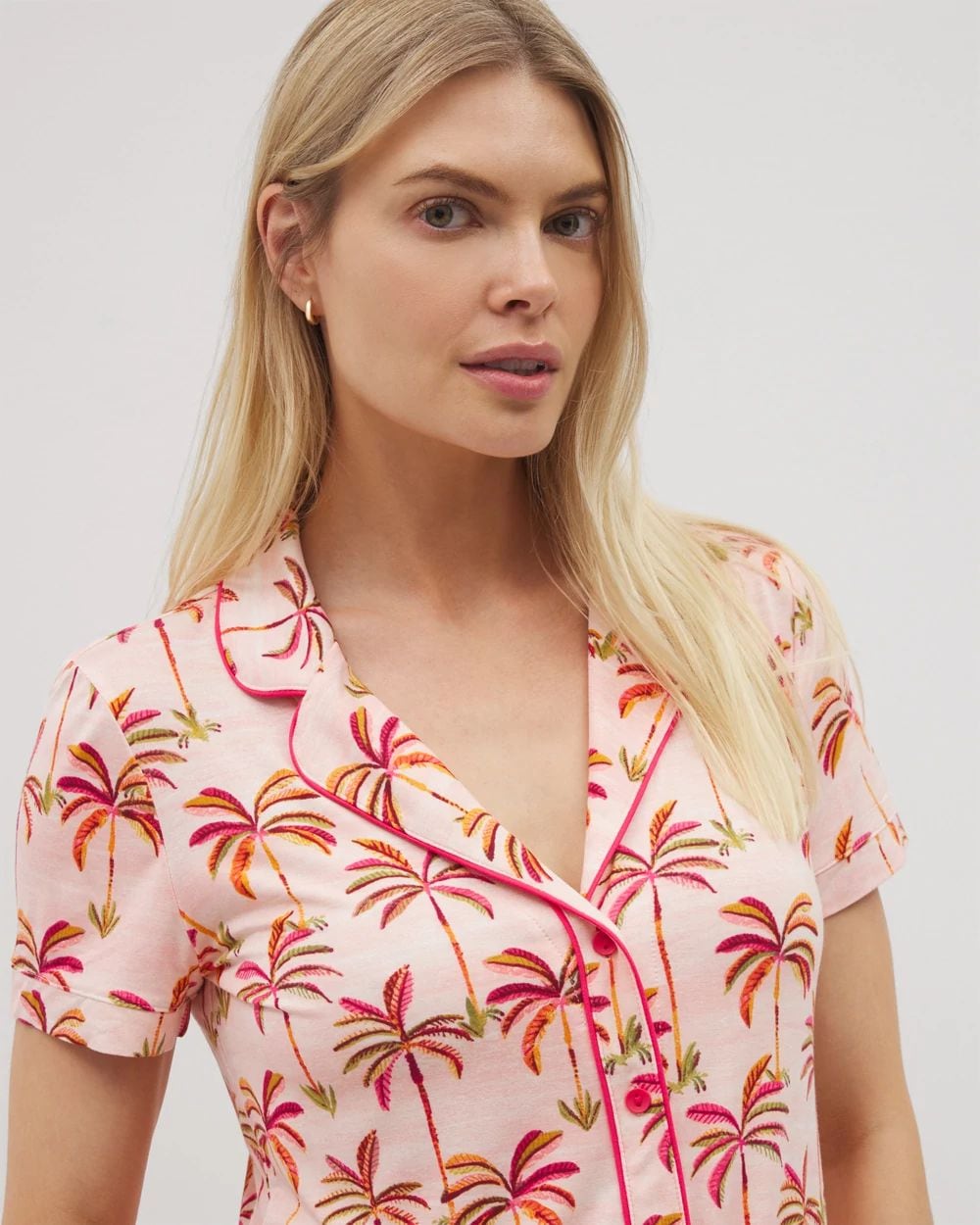 Cool Nights Piped Short Sleeve Notch Collar Pajama Top
