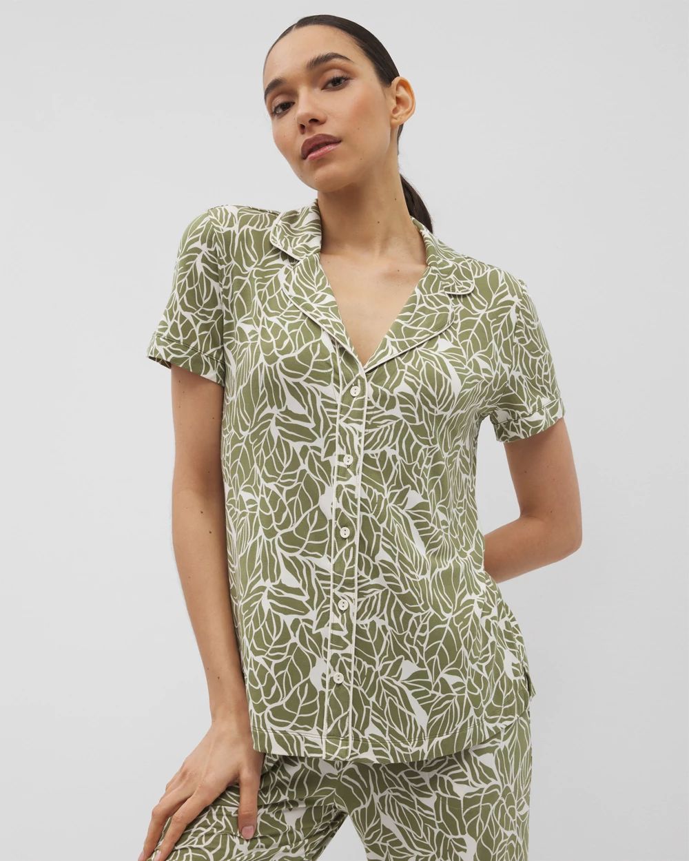 Cool Nights Piped Short Sleeve Notch Collar Pajama Top