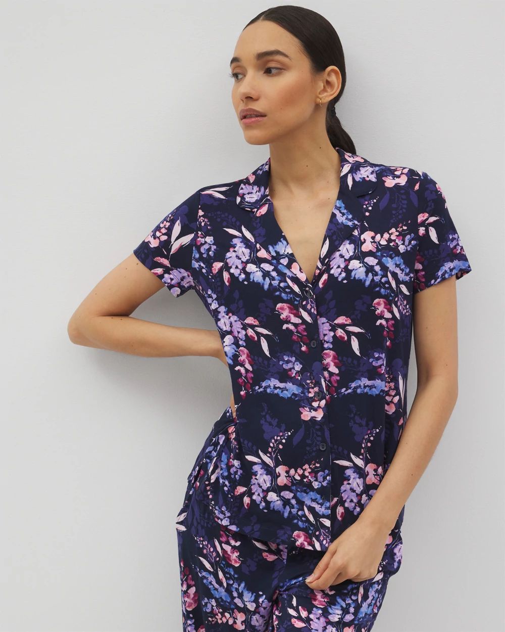 Short Sleeve Notch Collar Pajama Top