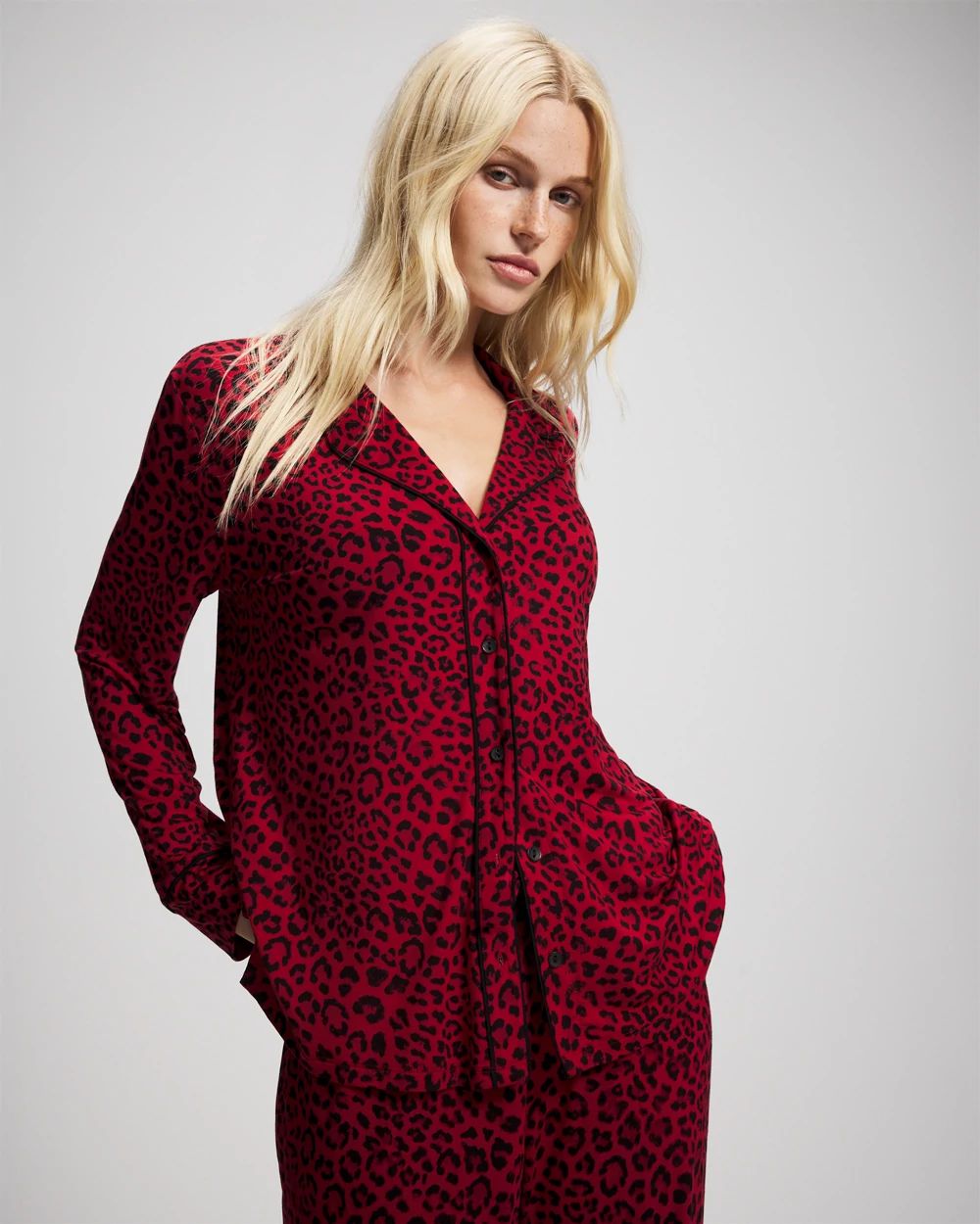 Cool Nights Long Sleeve Notch Collar with Piped Placket Pajama Top