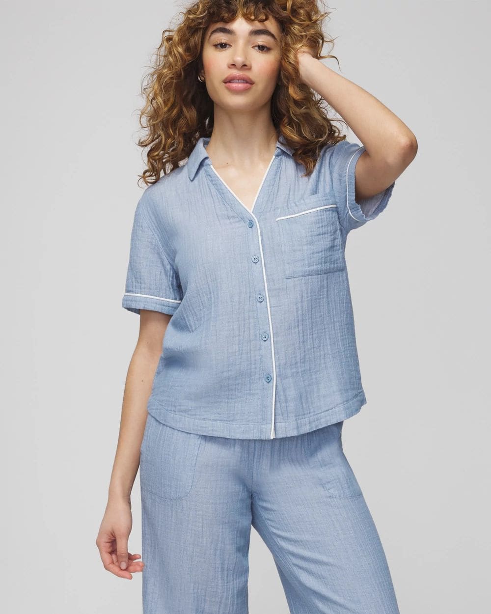 Cotton Gauze Short-Sleeve Notch Collar Pajama Top