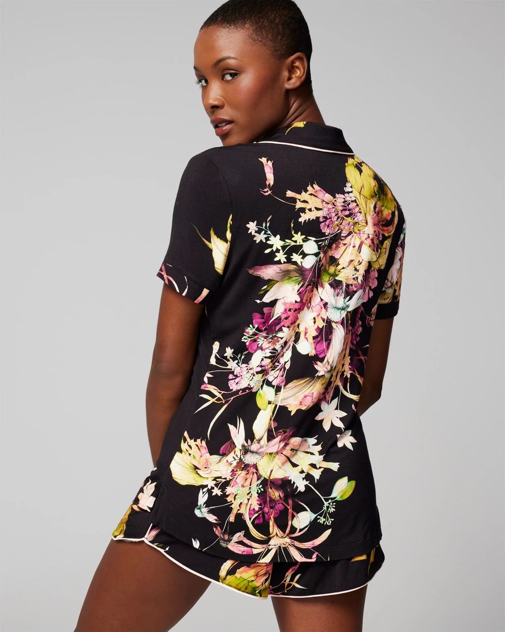 Piped Short Sleeve Notch Collar Pajama Top