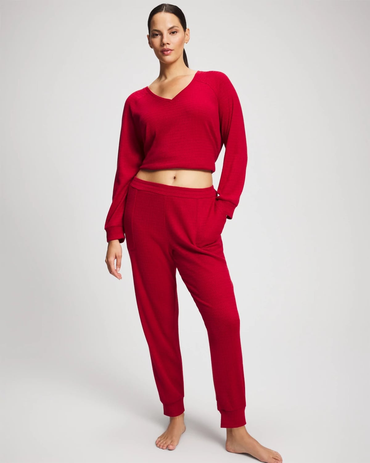 Women's Waffle Knit Banded Pajama Bottom in Red size XS | Soma