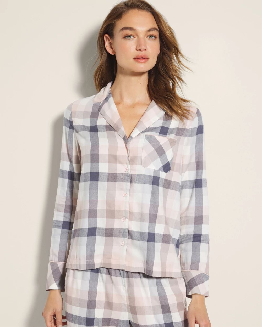 Flannel Super Soft Long-Sleeve Notch Collar Pajama Top