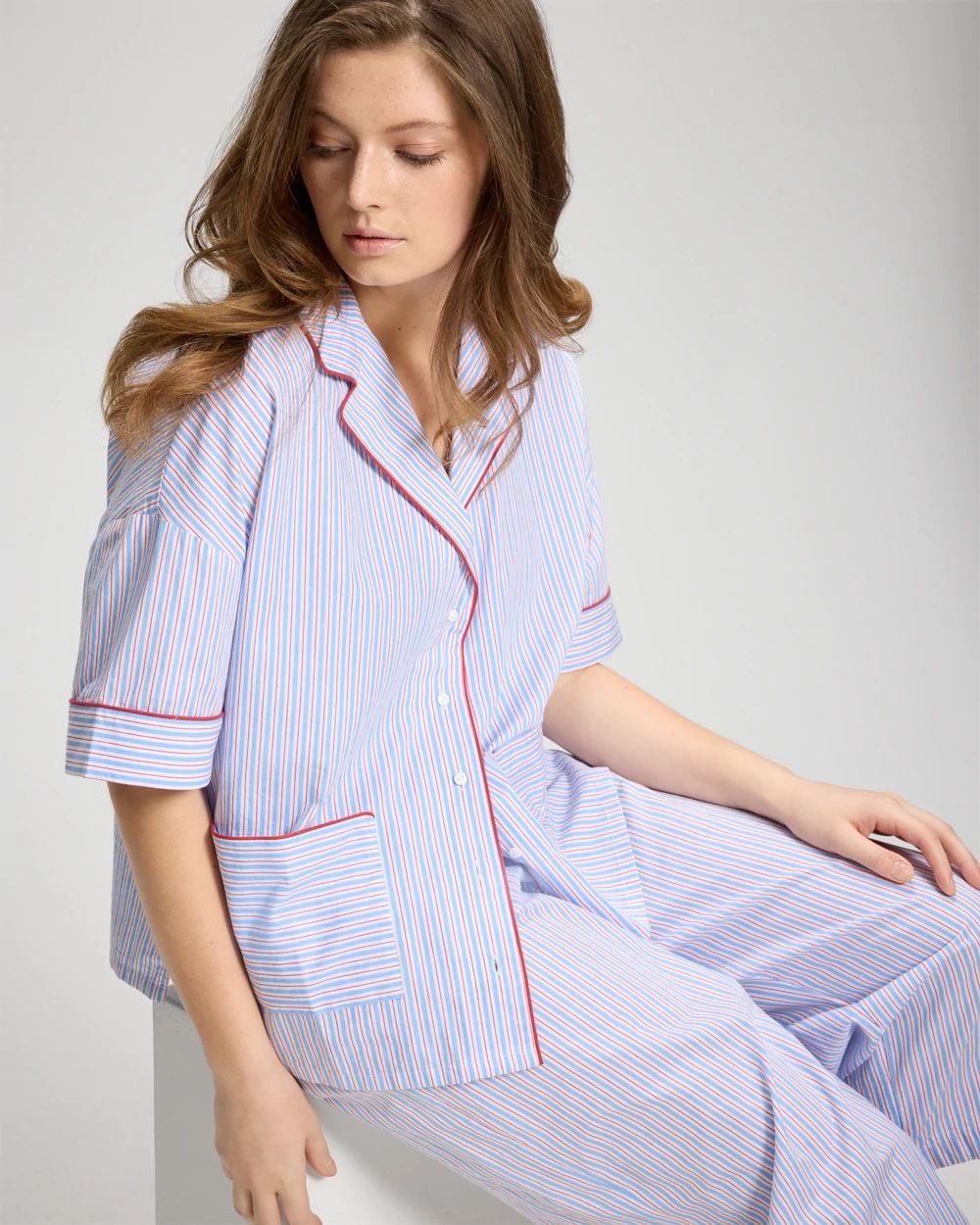 Cotton Poplin Relaxed Short-Sleeve Noch Collar Pajama Top