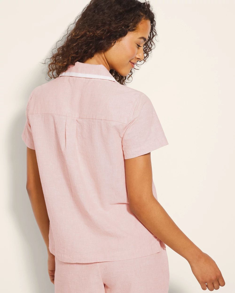 Laundered Cotton Short-Sleeve Notch Collar Pajama Top