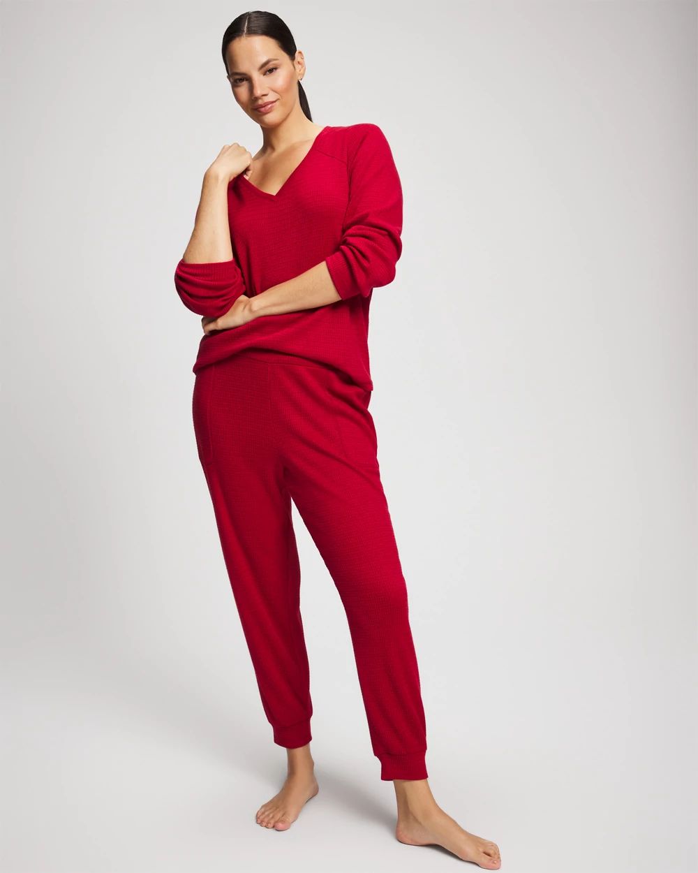 Cozy Waffle Long Sleeve V-Neck Pajama Top click to view larger image.
