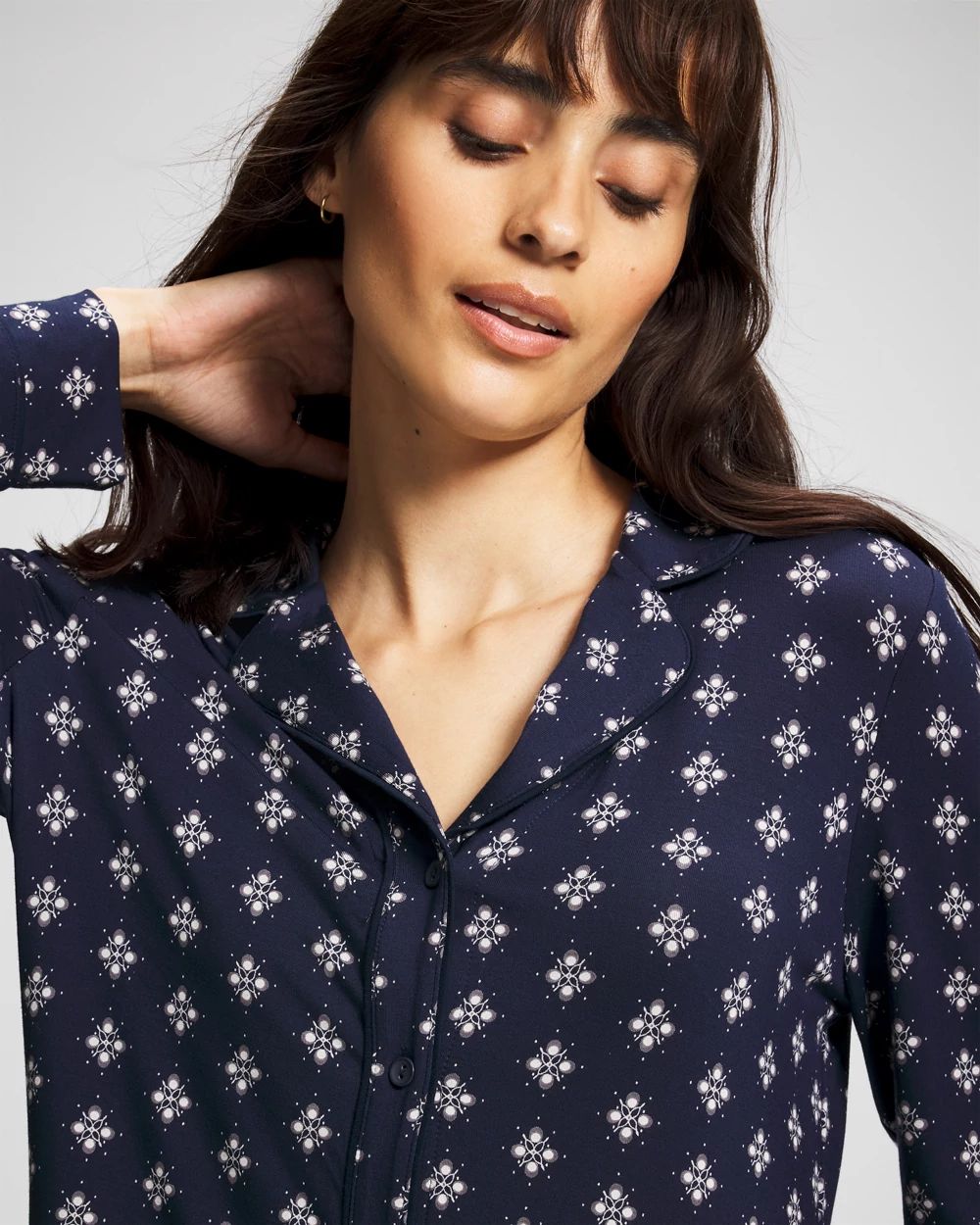 Long-Sleeve Printed Notch Collar Pajama Top click to view larger image.