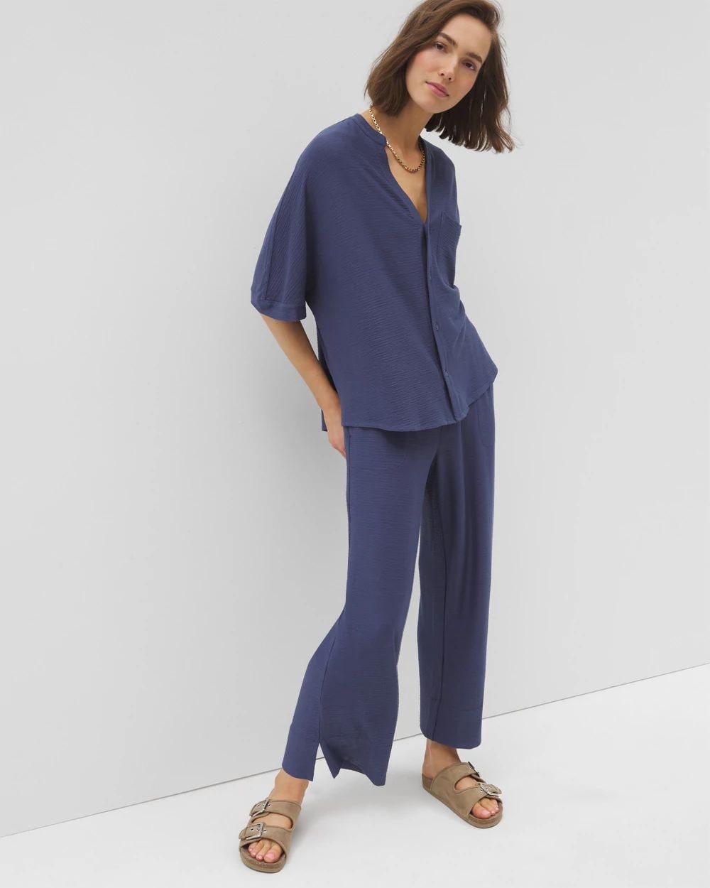 Crinkle Knit Relaxed Button-Up Top