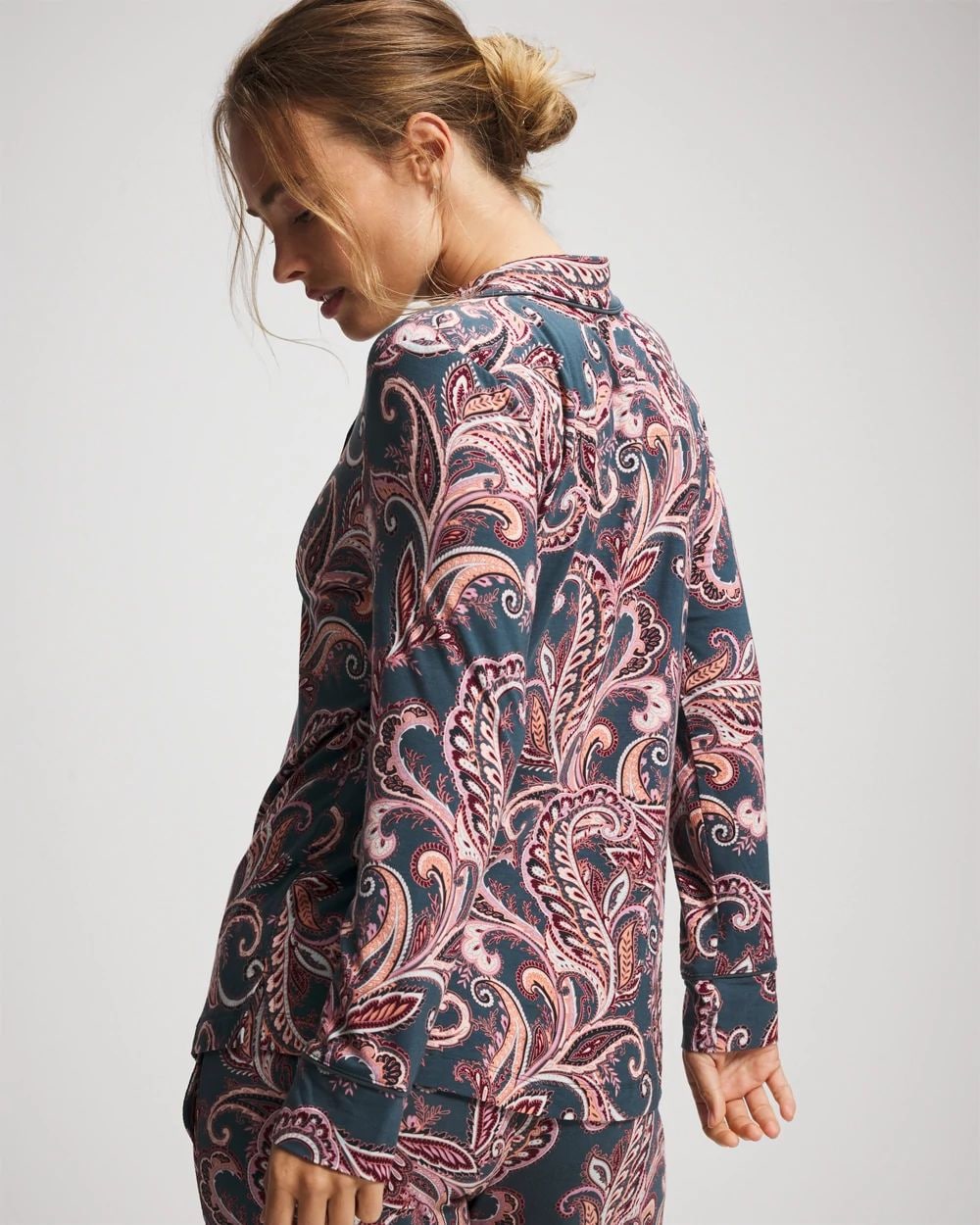 Long-Sleeve Printed Notch Collar Pajama Top click to view larger image.