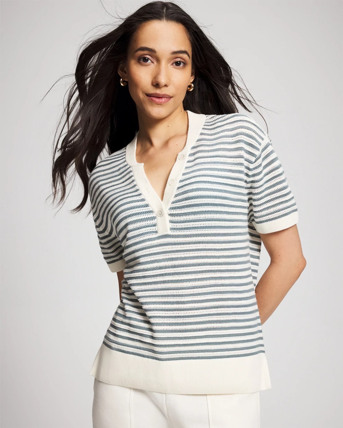 Soma Women's Cotton Open-stitch Short Sleeve Sweater In Ivory Size Xs | In Shea/harmony Blue Stripe
