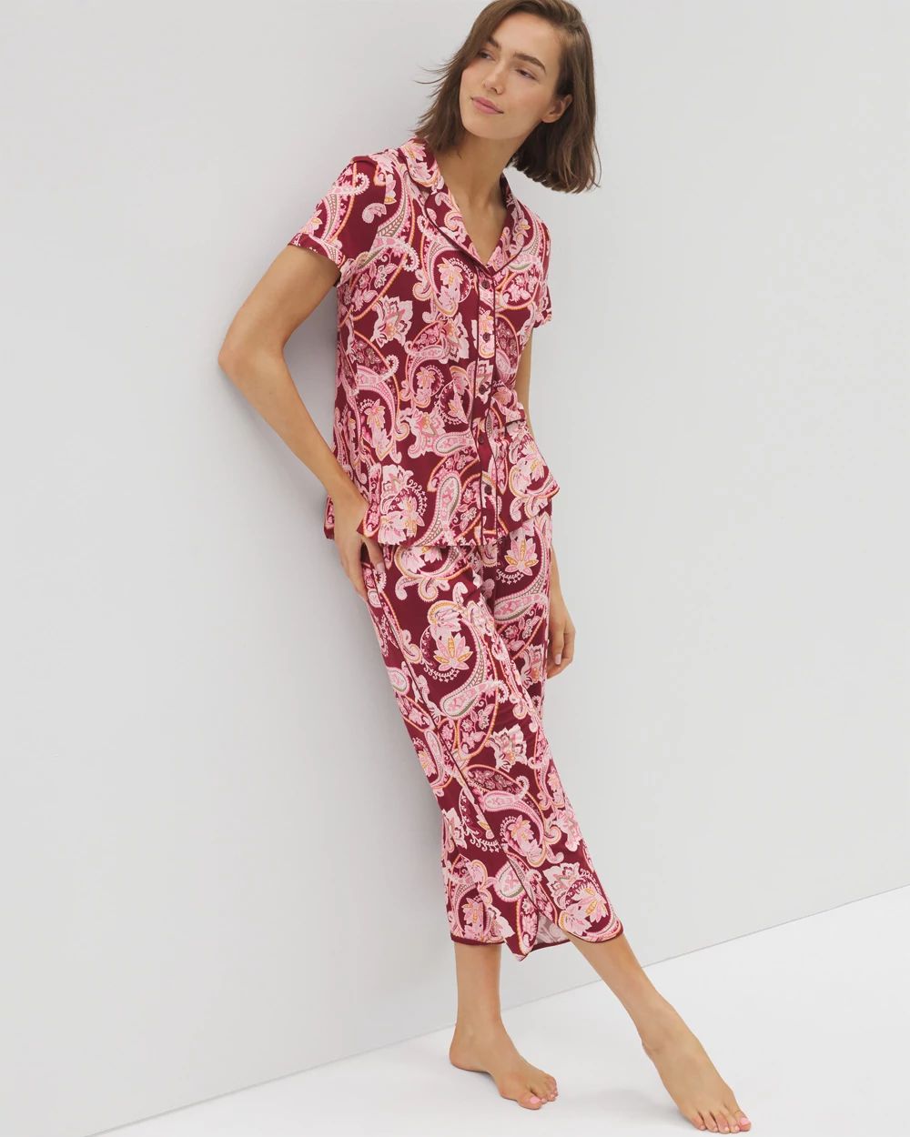 Cool Nights Piped Short Sleeve Notch Collar Pajama Top