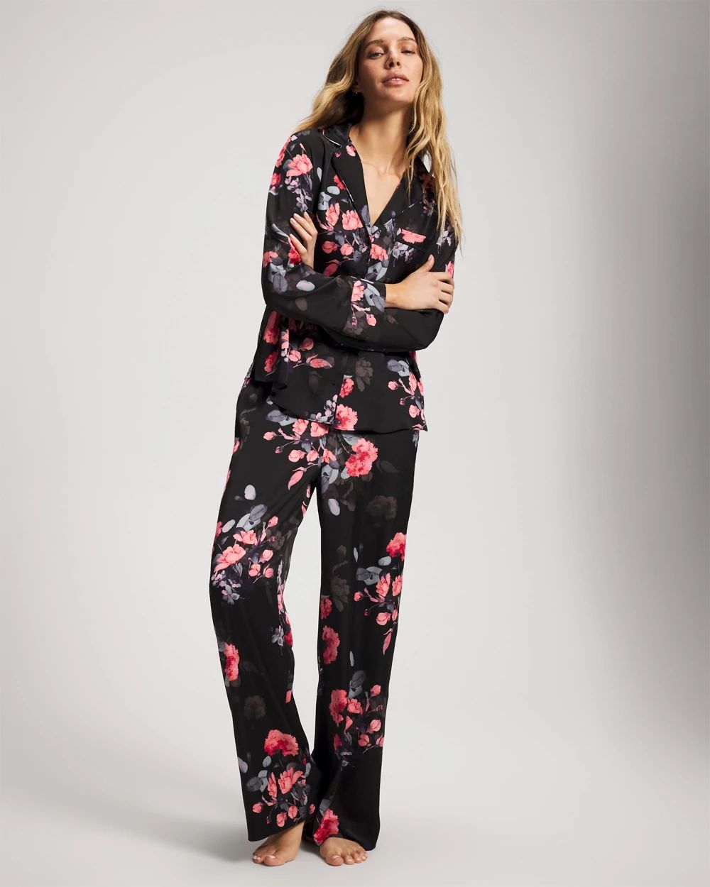 Satin Long Sleeve Notch Collar Pajama Top