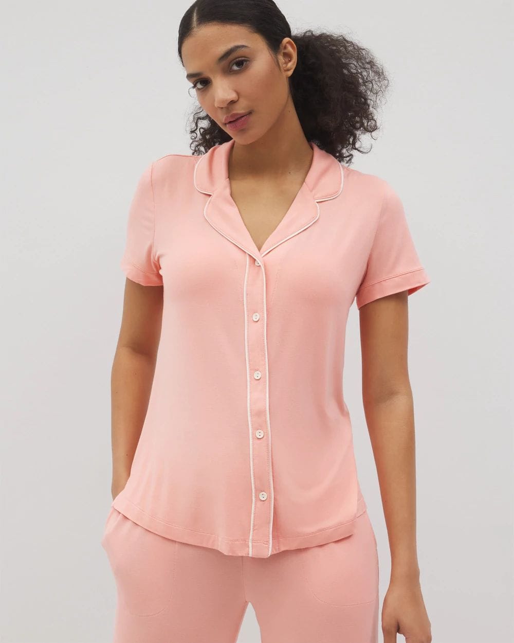 Solid Short Sleeve Notch Collar Pajama Top