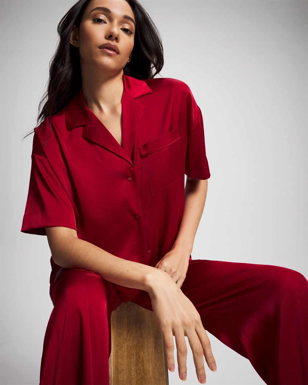 Satin Short Sleeve Notch Collar Pajama Top