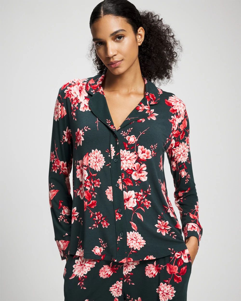 Cool Nights Long Sleeve Notch Collar with Piped Placket Pajama Top