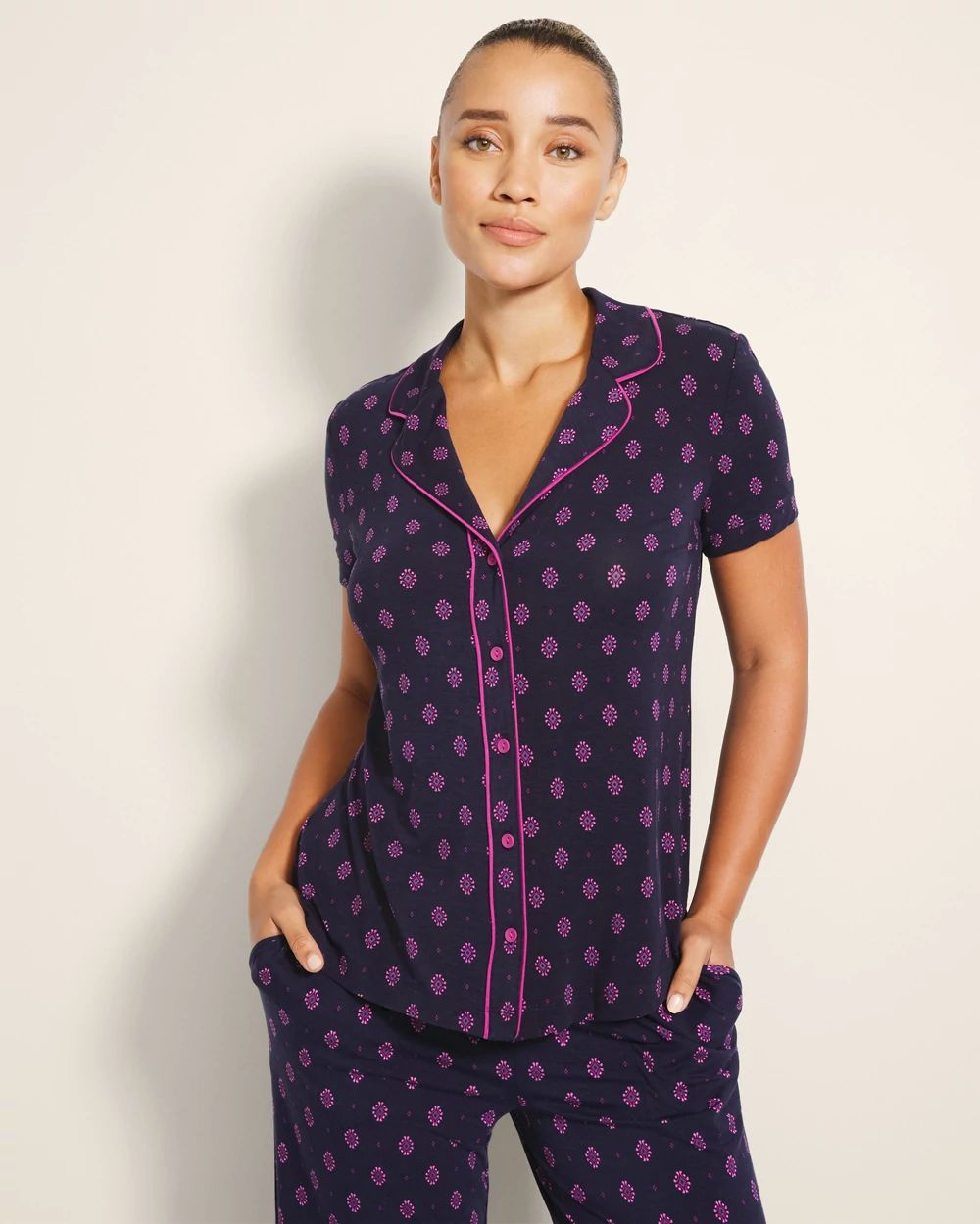 Cool Nights Piped Short Sleeve Notch Collar Pajama Top