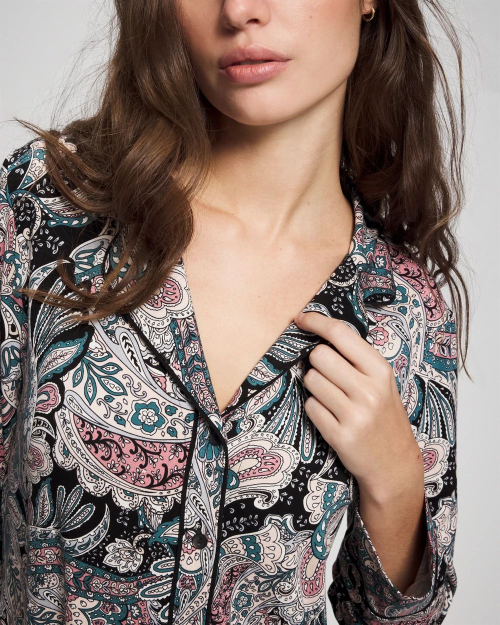 Cool Nights Long Sleeve Notch Collar with Piped Placket Pajama Top