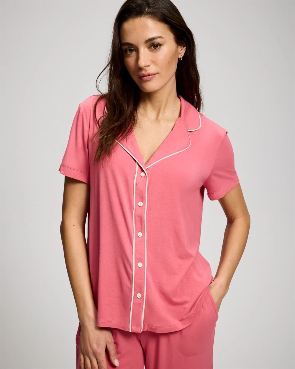 Cool Nights Piped Short Sleeve Notch Collar Pajama Top