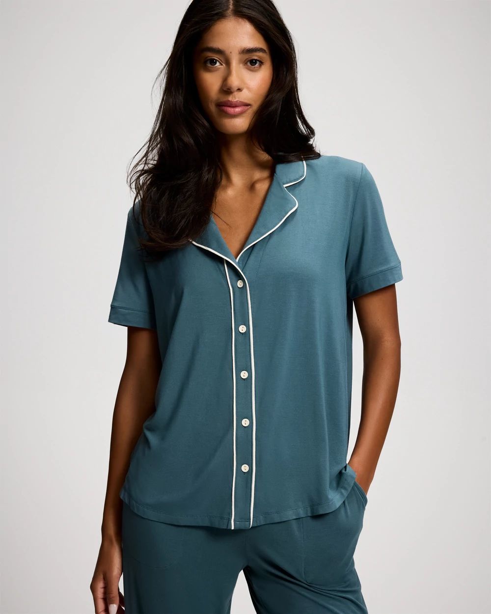 Cool Nights Piped Short Sleeve Notch Collar Pajama Top