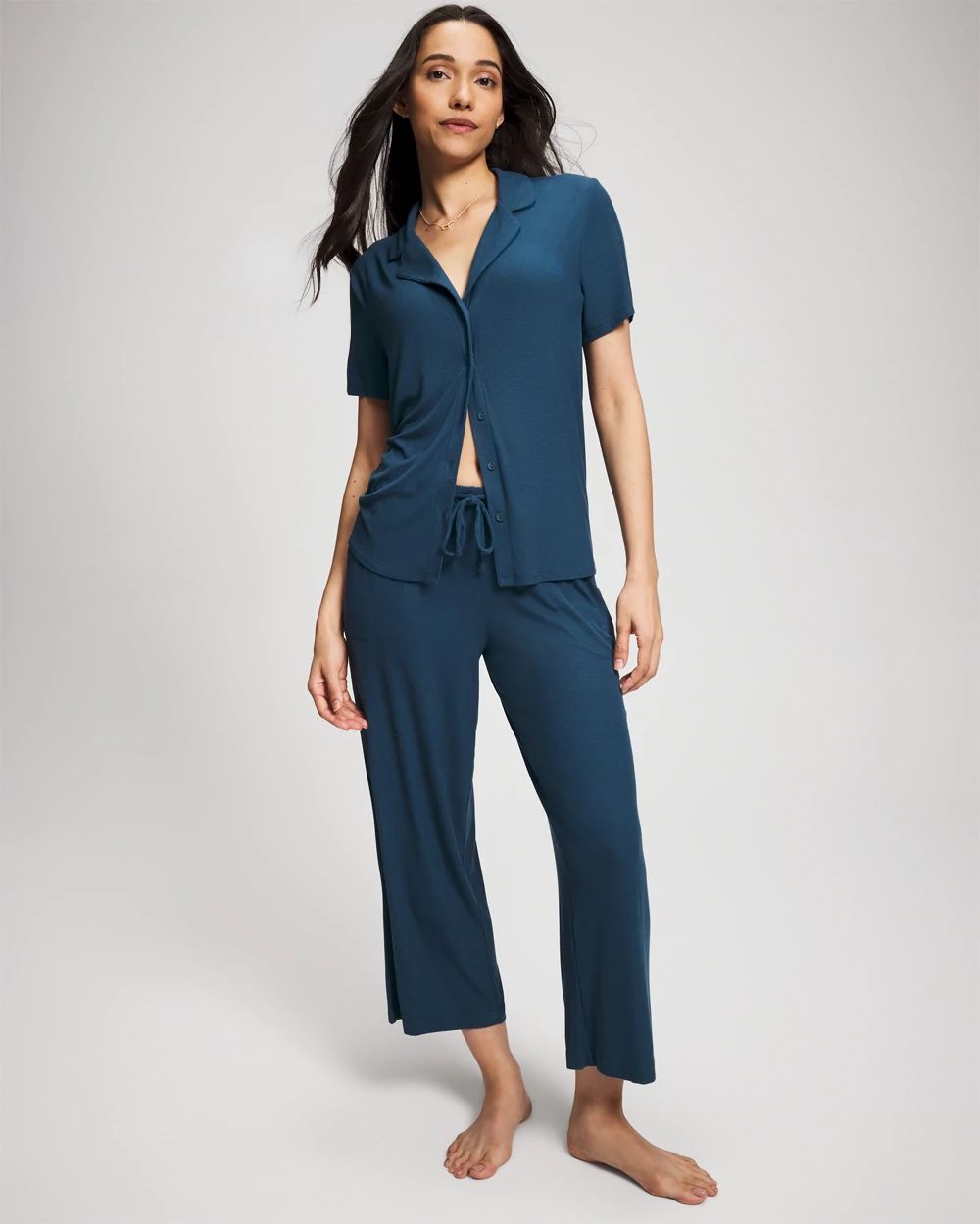 Rib Short Sleeve Notch Collar Pajama Top click to view larger image.