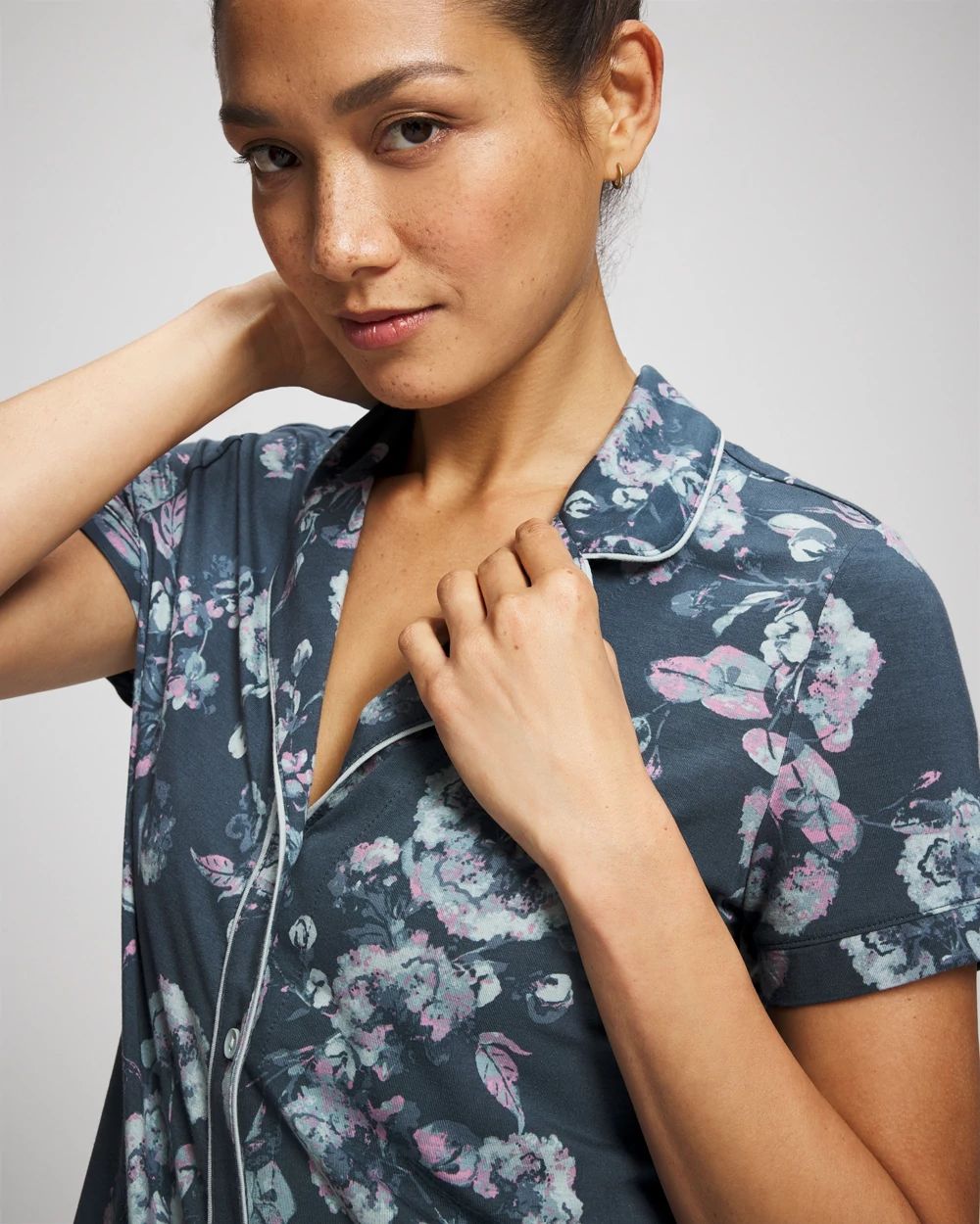 Cool Nights Piped Short Sleeve Notch Collar Pajama Top