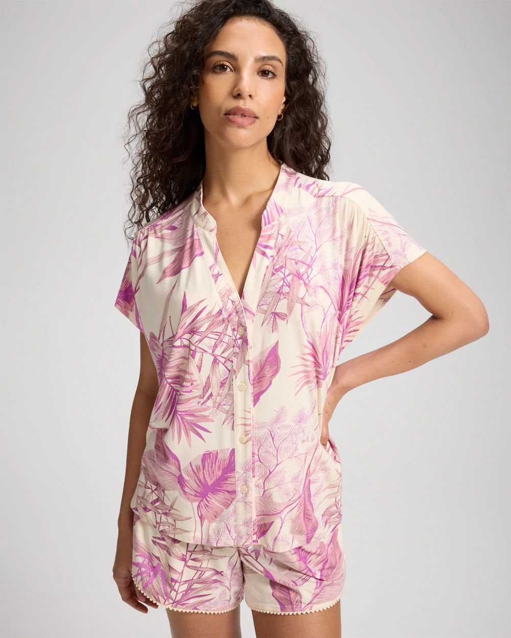 Cool Nights Mandarin Collar Short Sleeve Pajama Top