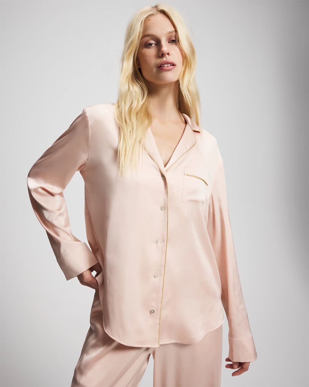 Satin Long Sleeve Notch Collar Pajama Top