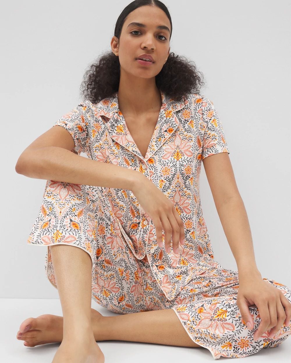 Cool Nights Piped Short Sleeve Notch Collar Pajama Top