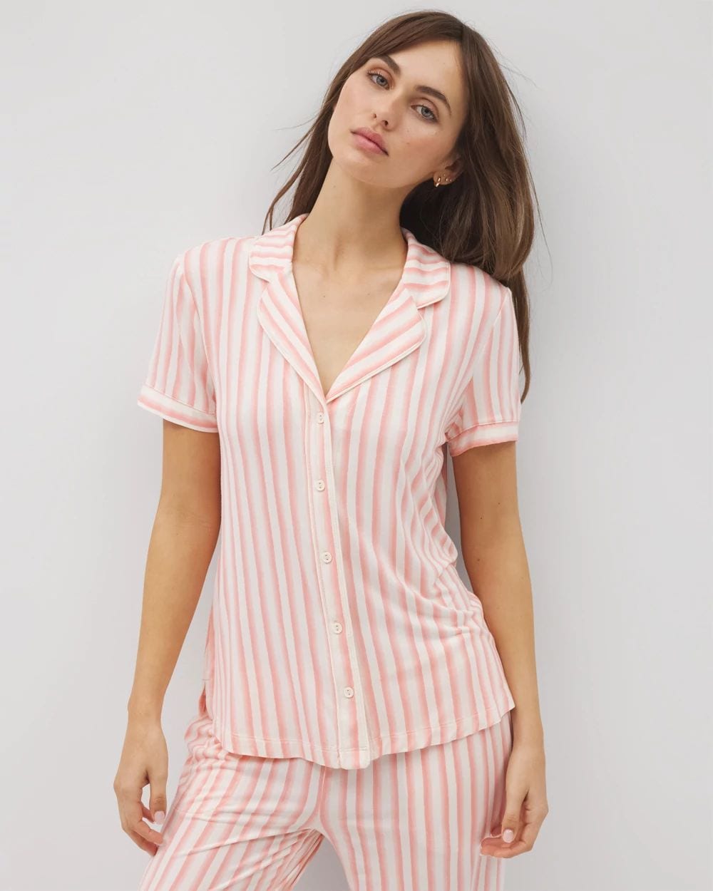 Piped Short Sleeve Notch Collar Pajama Top