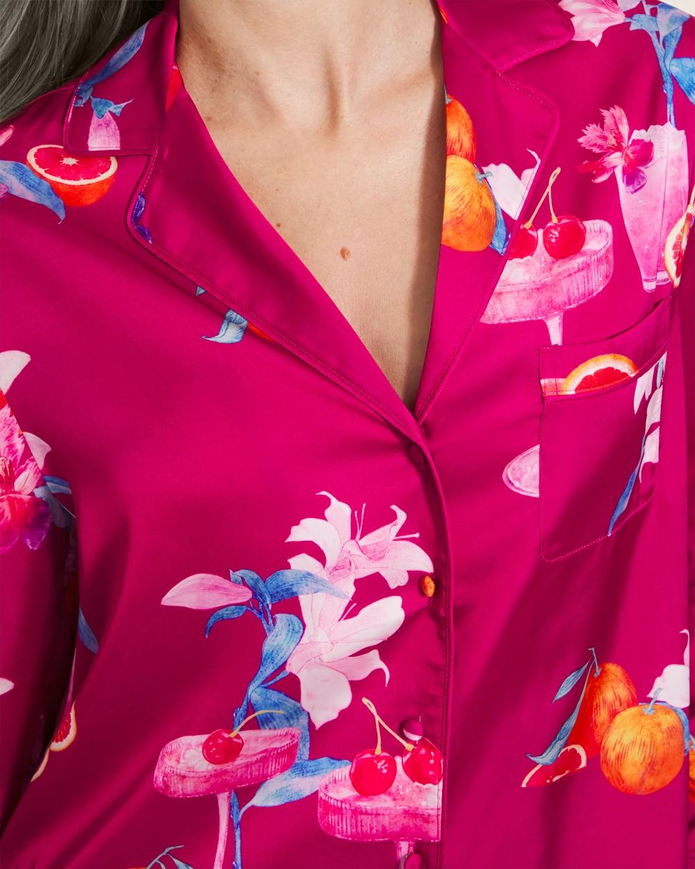 Satin Long-Sleeve Notch Collar Pajama Top