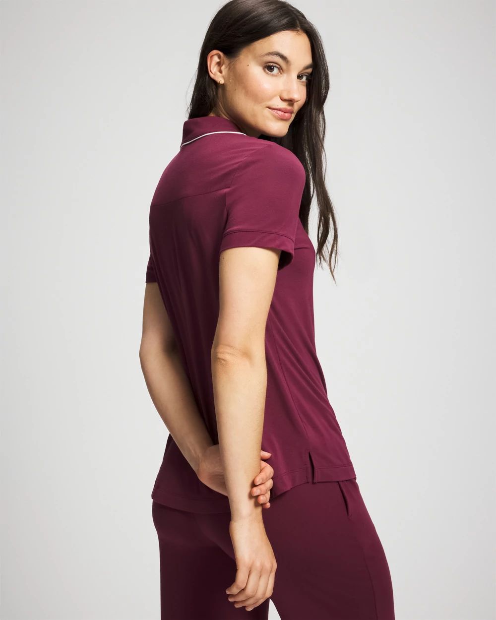 Solid Short Sleeve Notch Collar Pajama Top click to view larger image.
