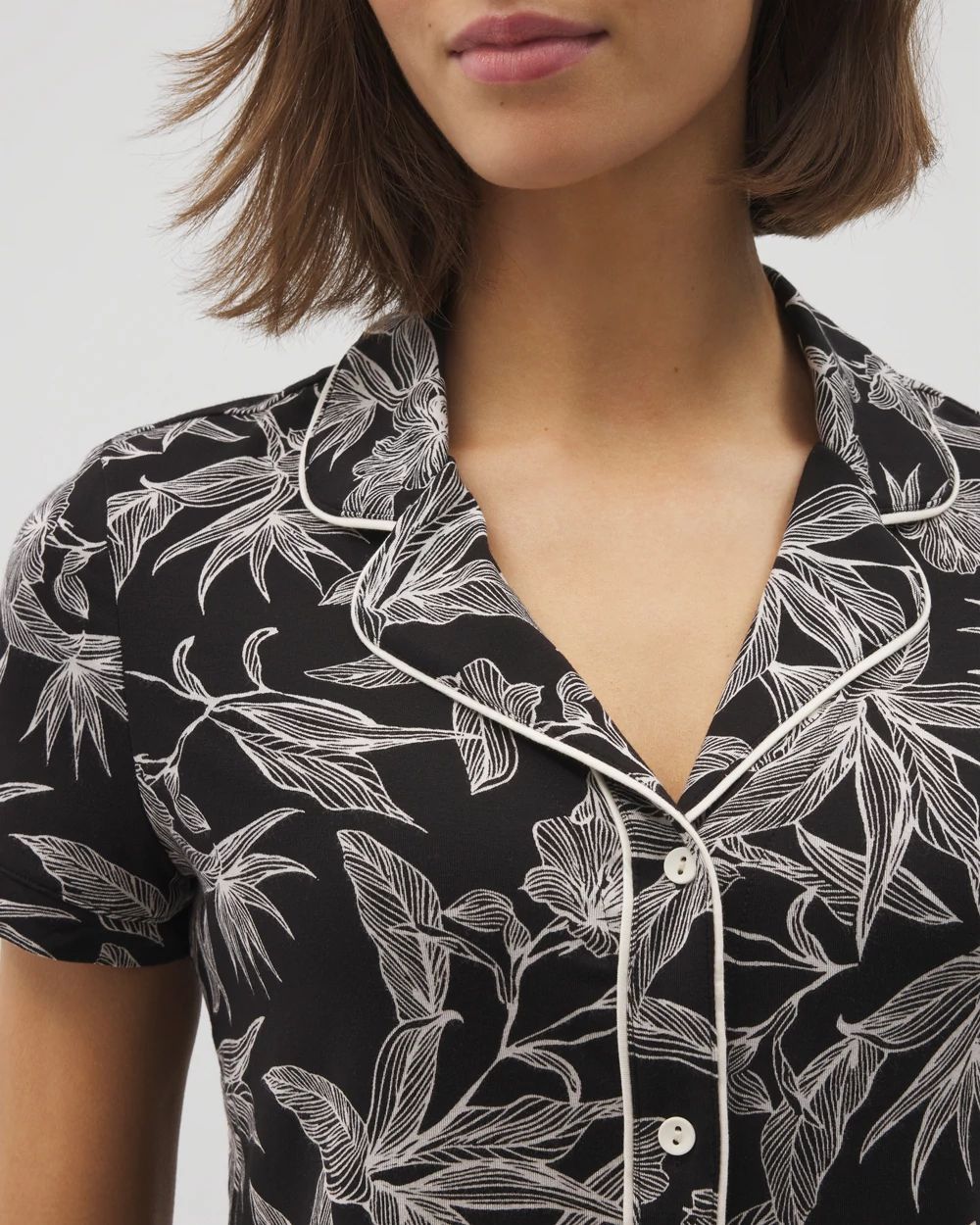Cool Nights Piped Short Sleeve Notch Collar Pajama Top