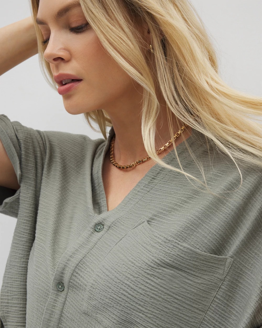 Crinkle Knit Relaxed Button-Up Top