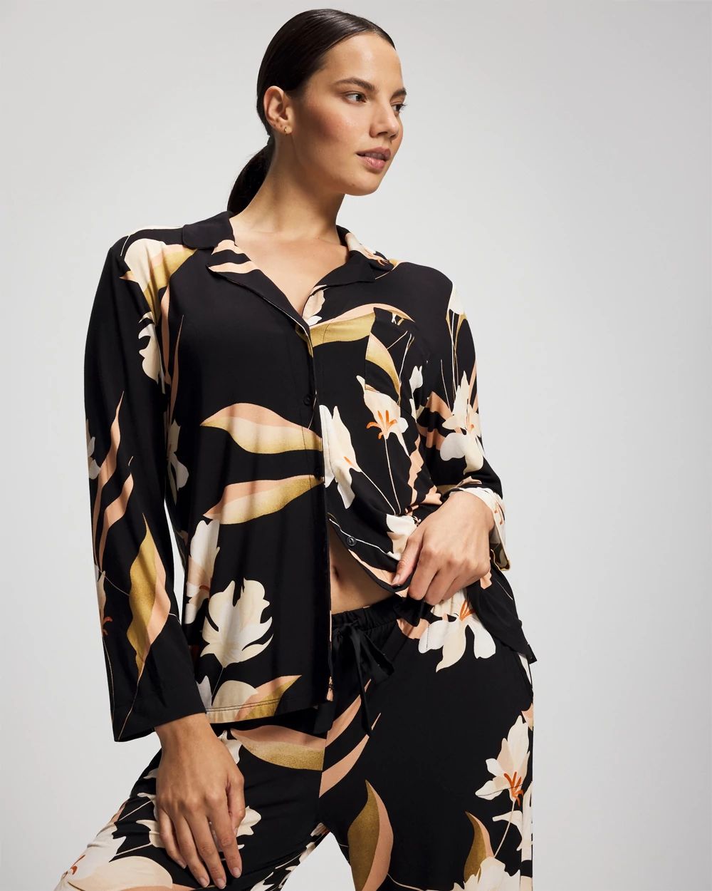 Long-Sleeve Notch Collar Pajama Top