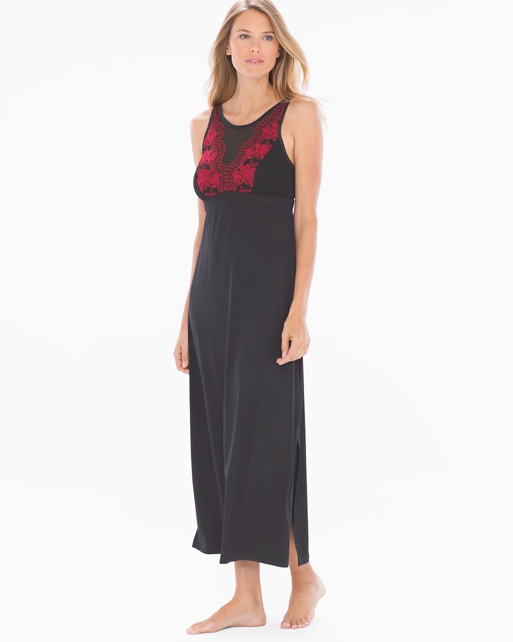 Knit Long Lace Gown Black W Red