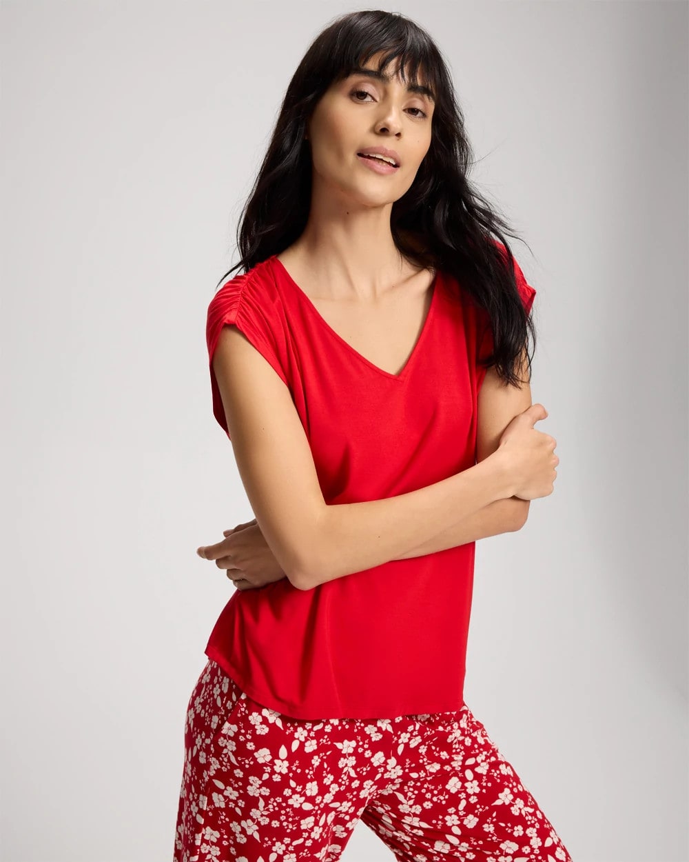Rouched Short-Sleeve Pajama Tee
