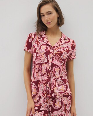 Piped Short Sleeve Notch Collar Pajama Top